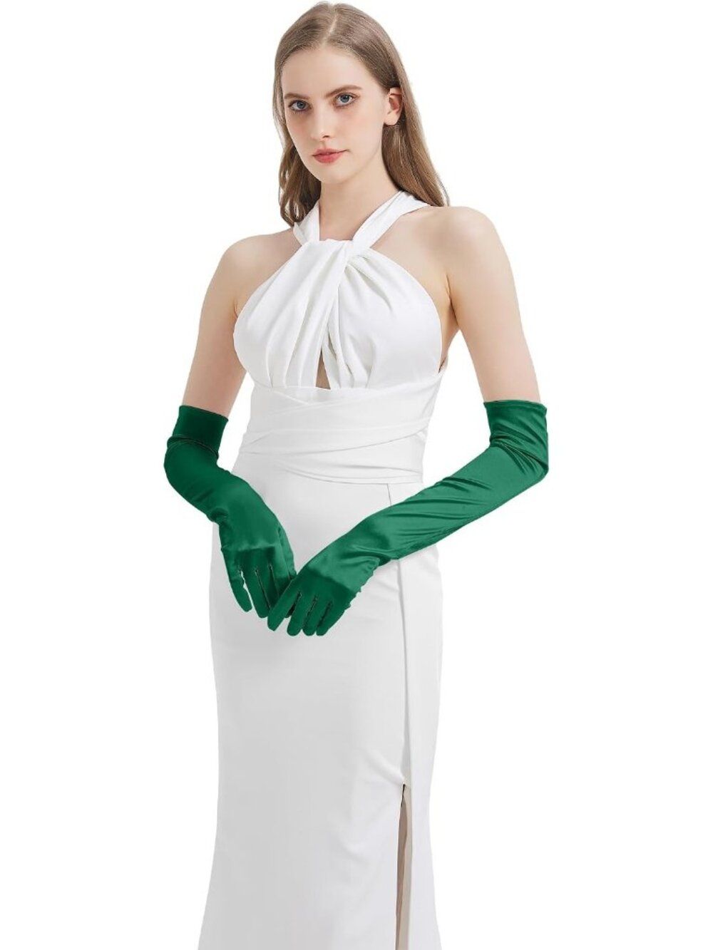 Women's Green Satin Opera Elbow Length 1920s Flapper Long Gloves Party - Picture 3 of 7